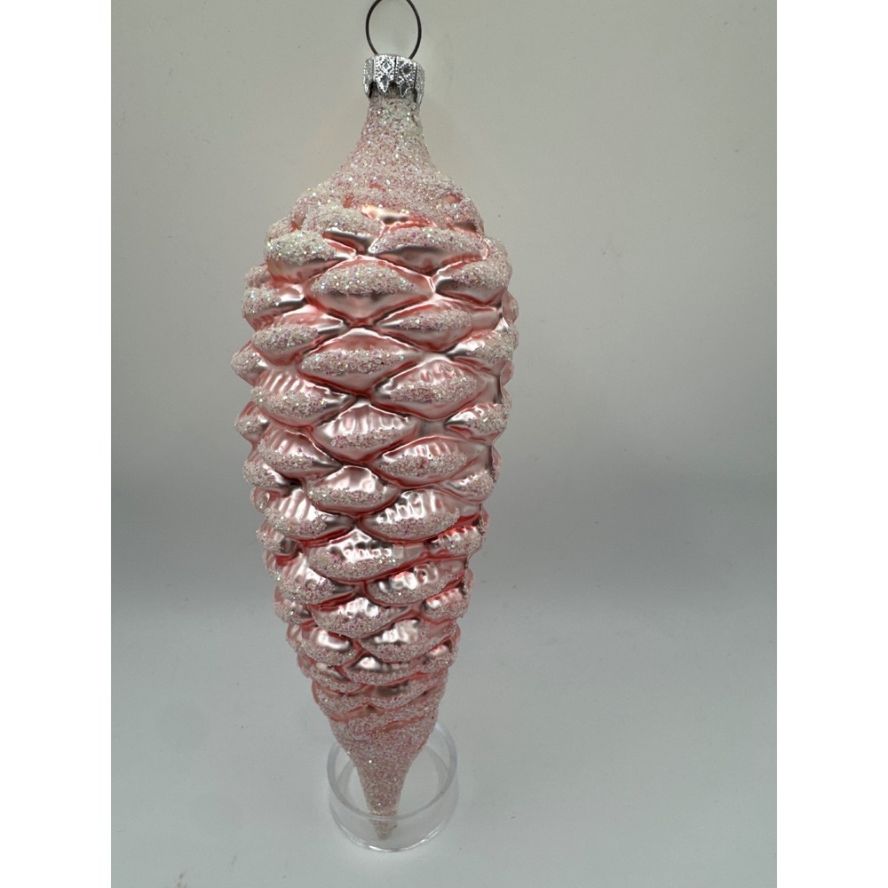 Vintage West Germany Pink Glass Pinecone Christmas Ornament Glittered 6.75 Inch